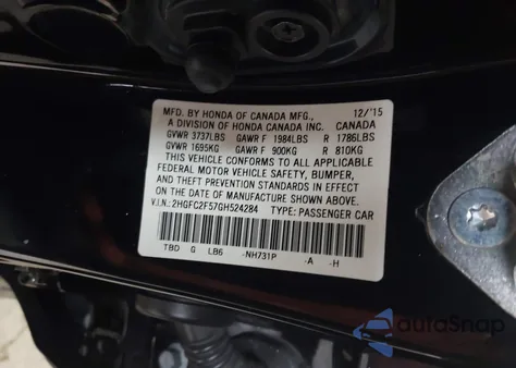 2016 Honda Civic Lx z USA, uszkodzony, nr VIN 2HGFC2F57GH524284